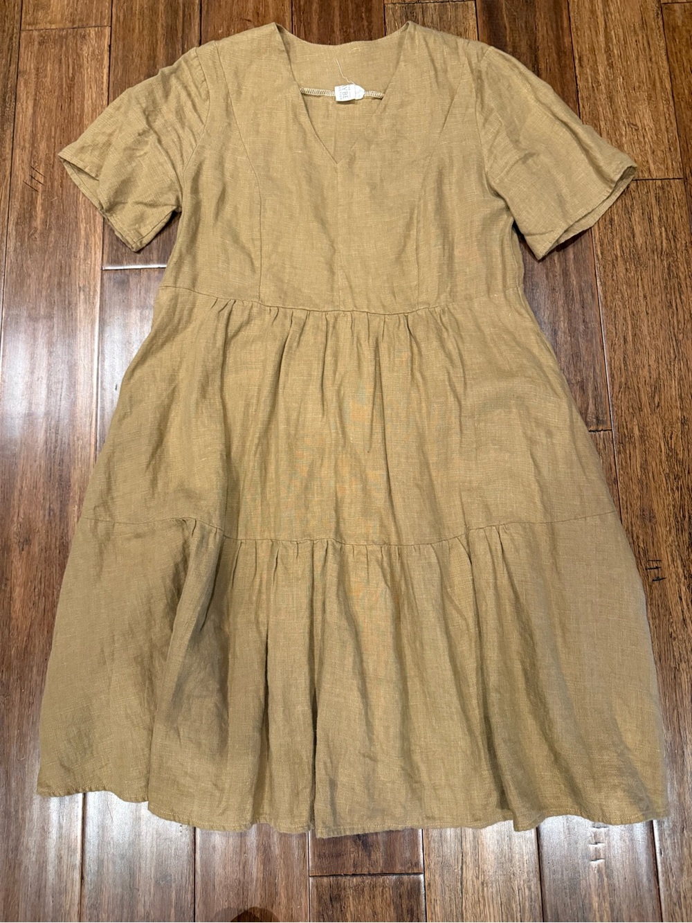The Maybe Collection Tiered Short-Sleeve Dress in Mustard/Brown